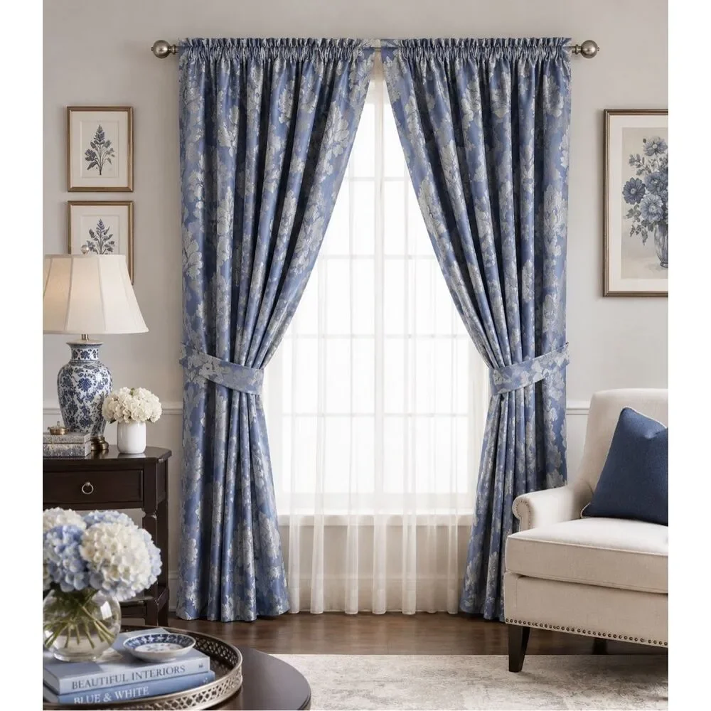 Woven Jacquard Petite Scroll Curtain 5 PC Door Window Home Decor Wedgewood